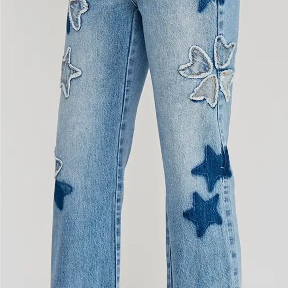 Starry Blue patched  Wide Leg  Dad Jeans-Plus Size - Picture 3 of 6